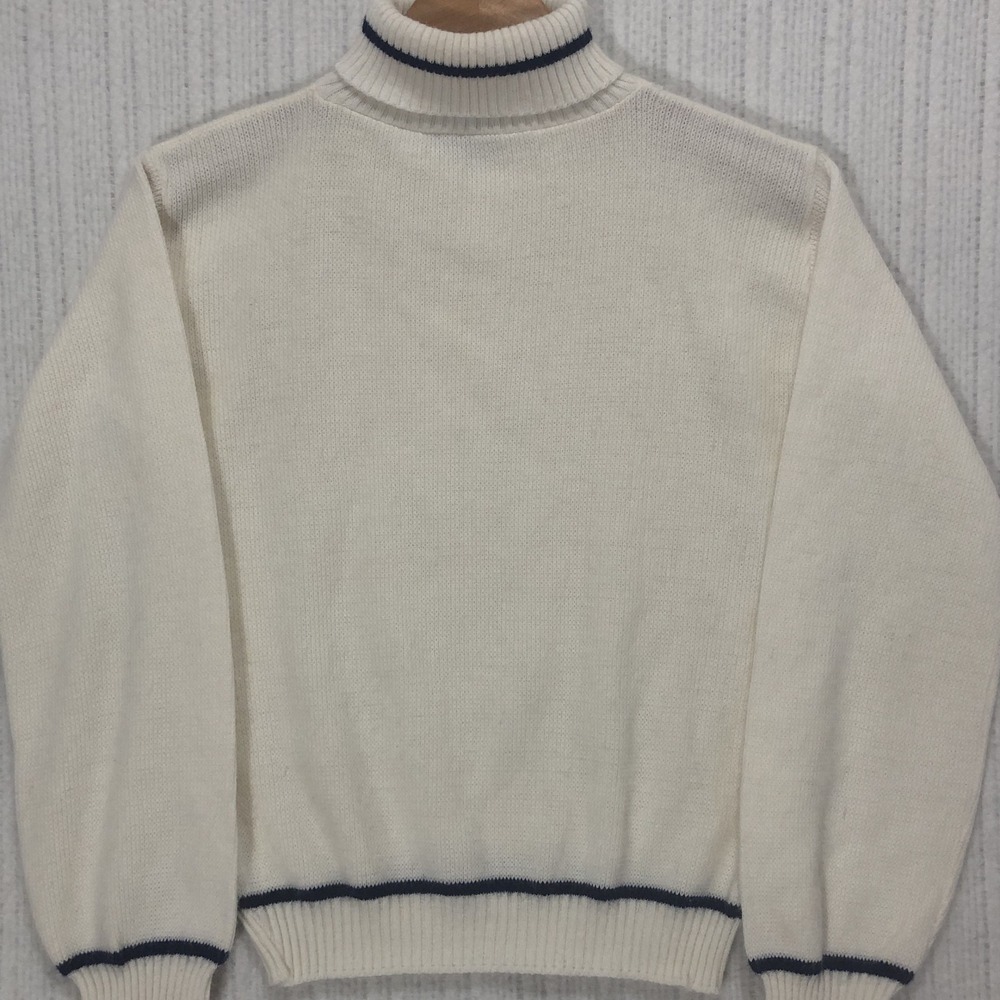 VTG 70s Campus Cream Ribbed Turtleneck Sweater Navy Stripe Preppy Mod USA Made